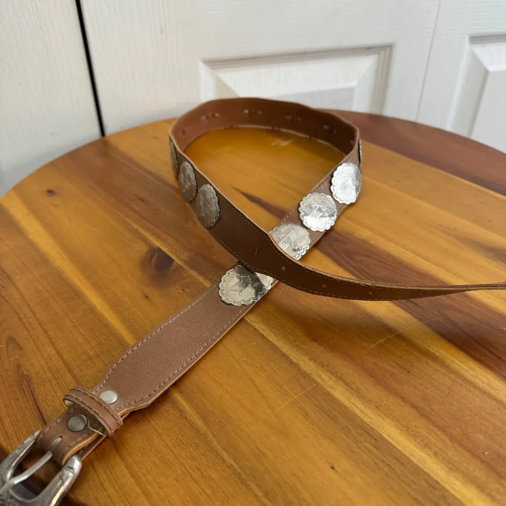 Vintage tan leather thunderbird concho medallion belt - Image 5