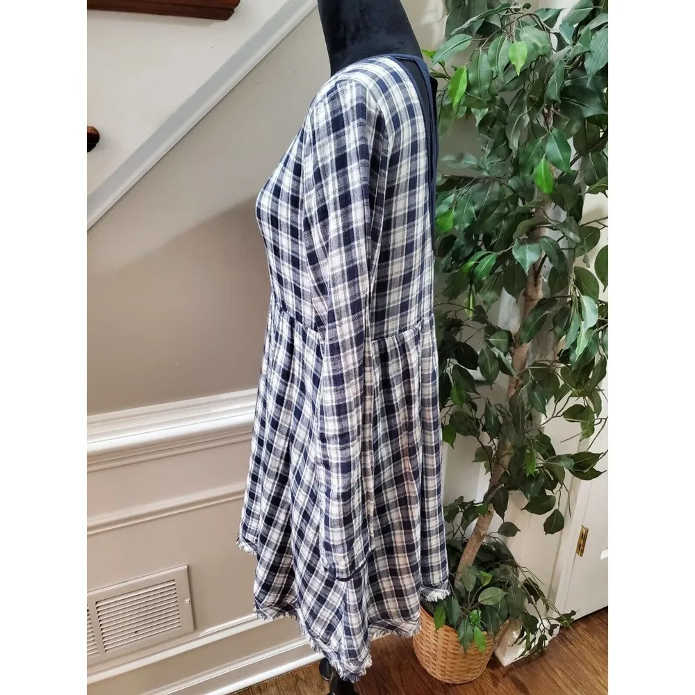 Paper Crane Women White & Blue Cotton Round Neck Long Sleeve Knee Length Dress M - Image 3