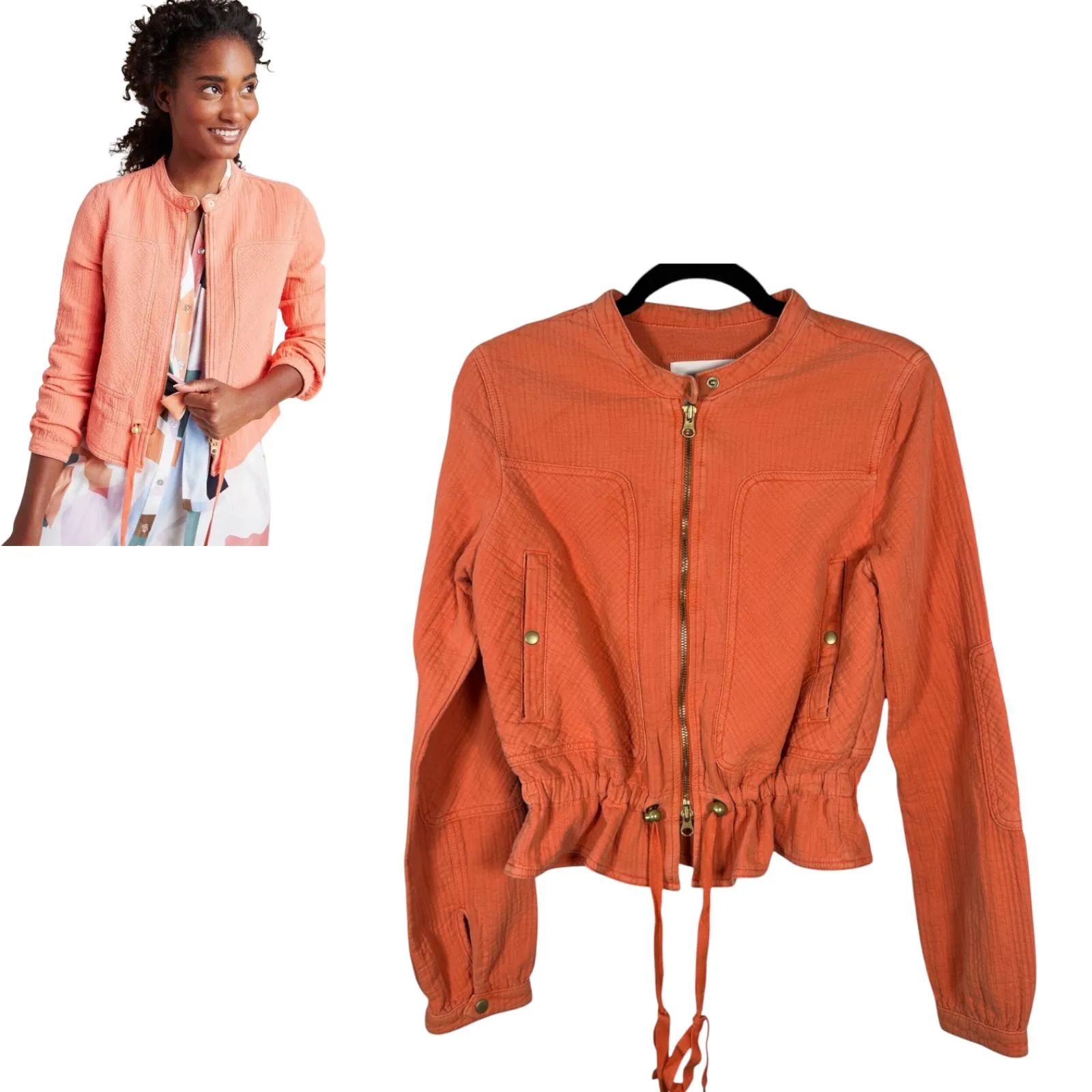 By Anthropologie Joyce Textured Moto Washed Peach Orange Cinch Zip Jacket Small - Image 3