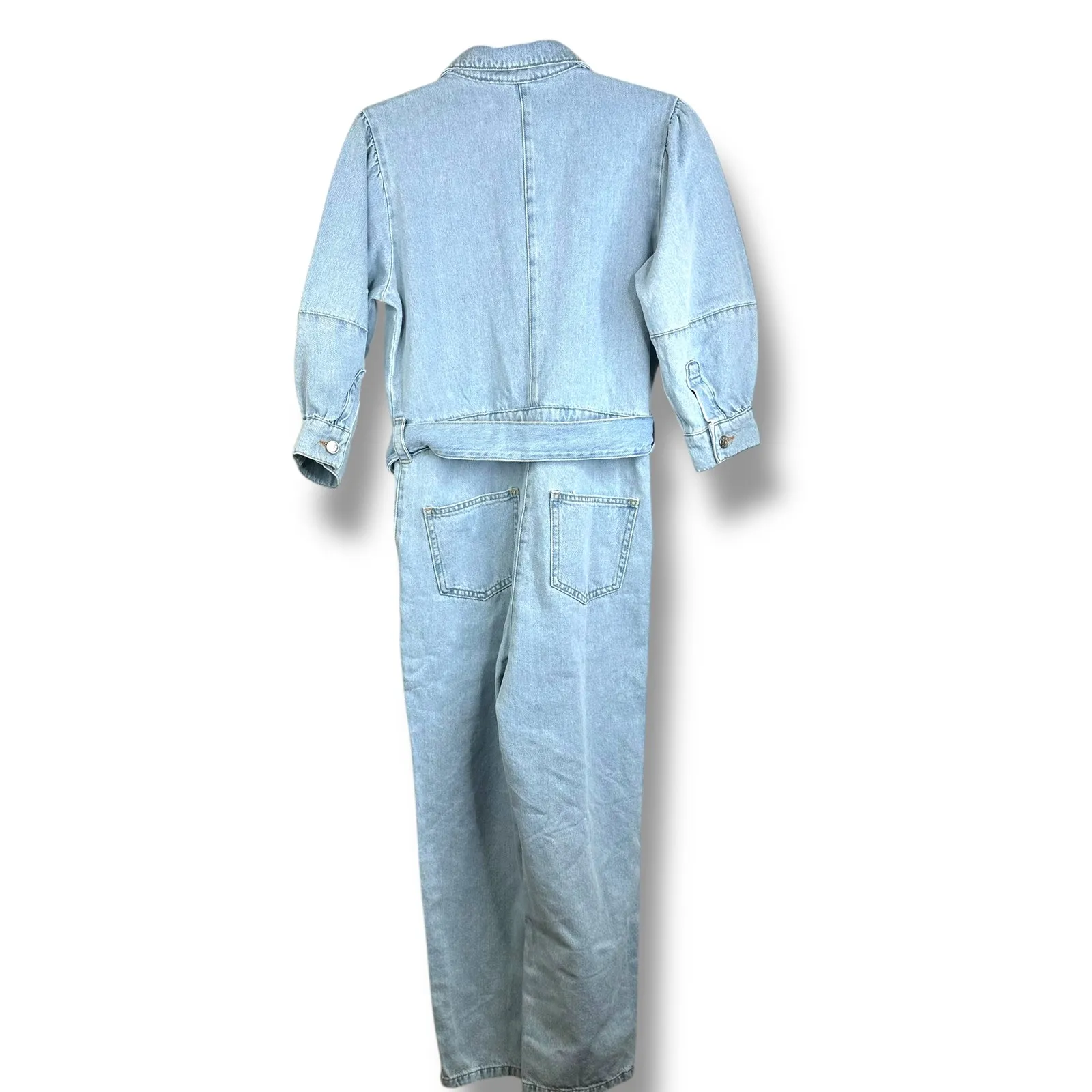 NA-KD NWT Cotton Denim Jean Belted Puff Sleeve Button Collard Denim Jumpsuit - Image 8