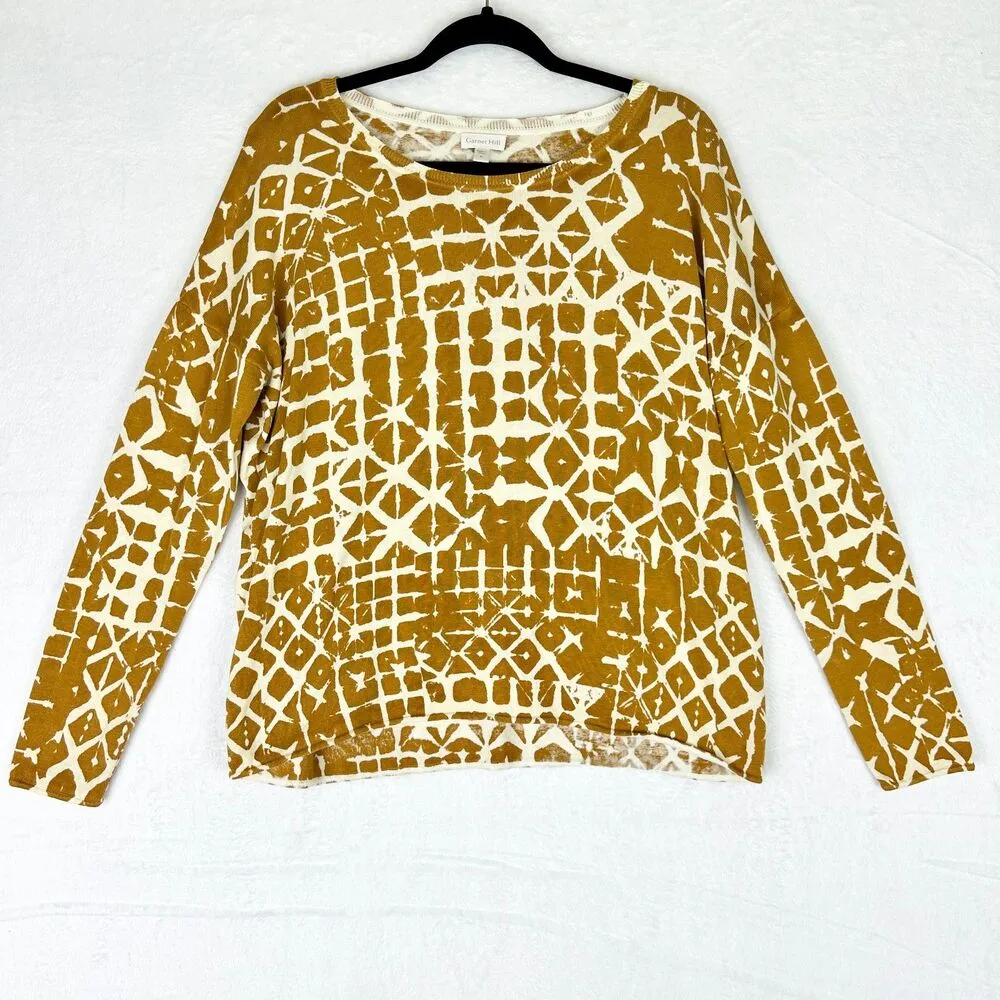 Silk Cotton Boxy Fine Knit Batik Sweater Top Size Small Gold Mustard - Image 3