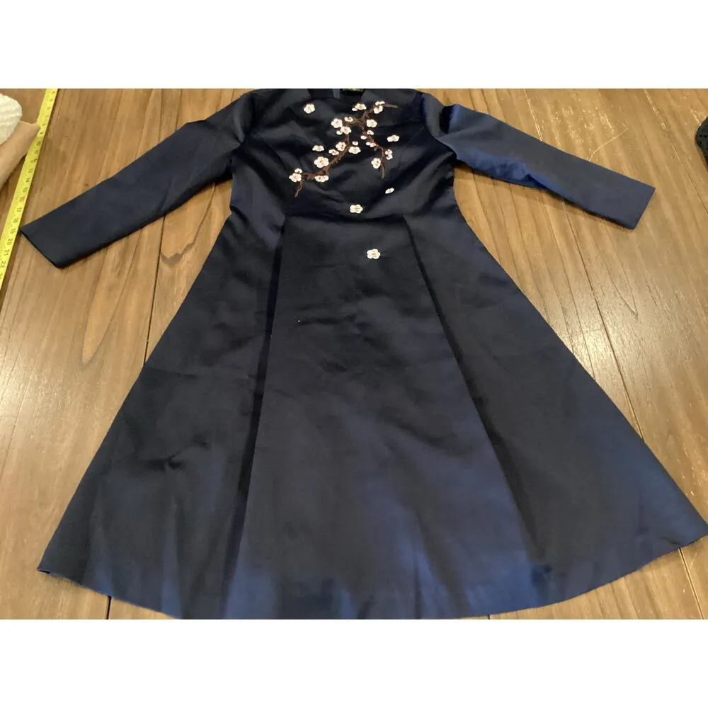 Gyalwana Embroidered Floral cherry blossom satin flare swing Dress 13 M/ L Blue Size L - Image 6