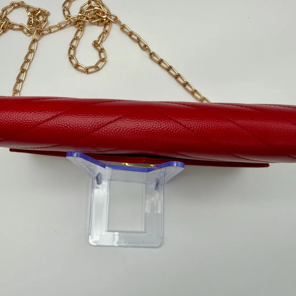 Yves Saint Laurent YSL Monogram Chevron Leather Clutch Crossbody Wallet with Chain Red - Image 13