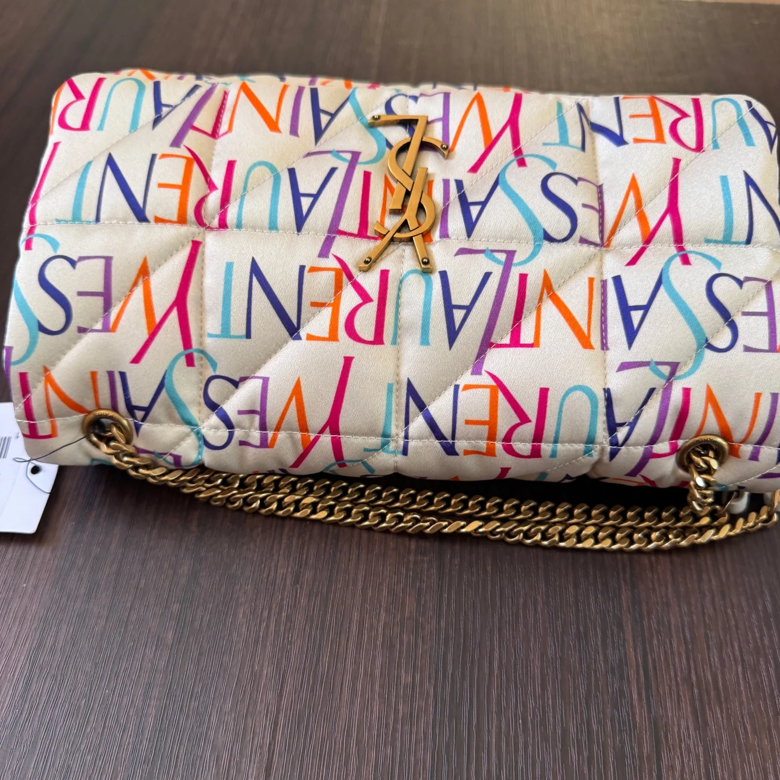 YSL Saint Laurent Jamie Medium Logo Print Quilted Silk Crossbody Handbag - Image 5