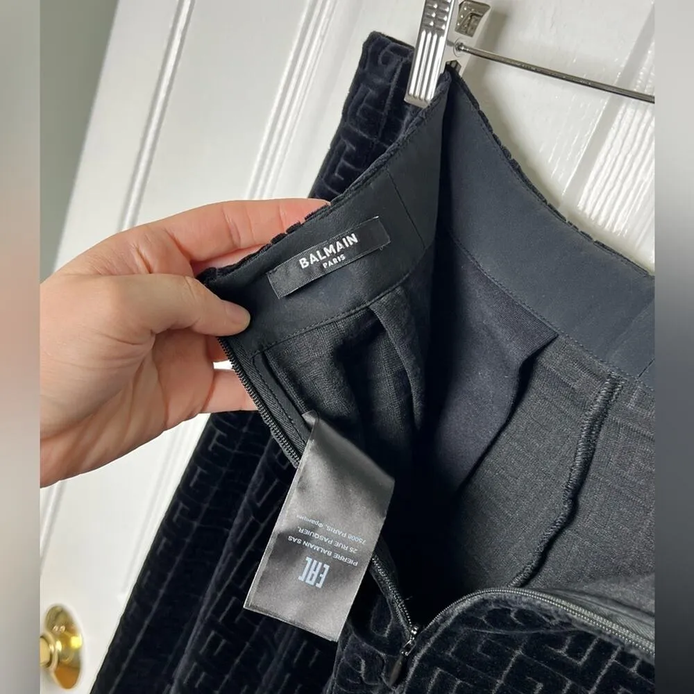 Balmain Womens Black Jacquard Monogram Velvet Skinny Leg Zipper Trousers 12 / 44 - Image 13