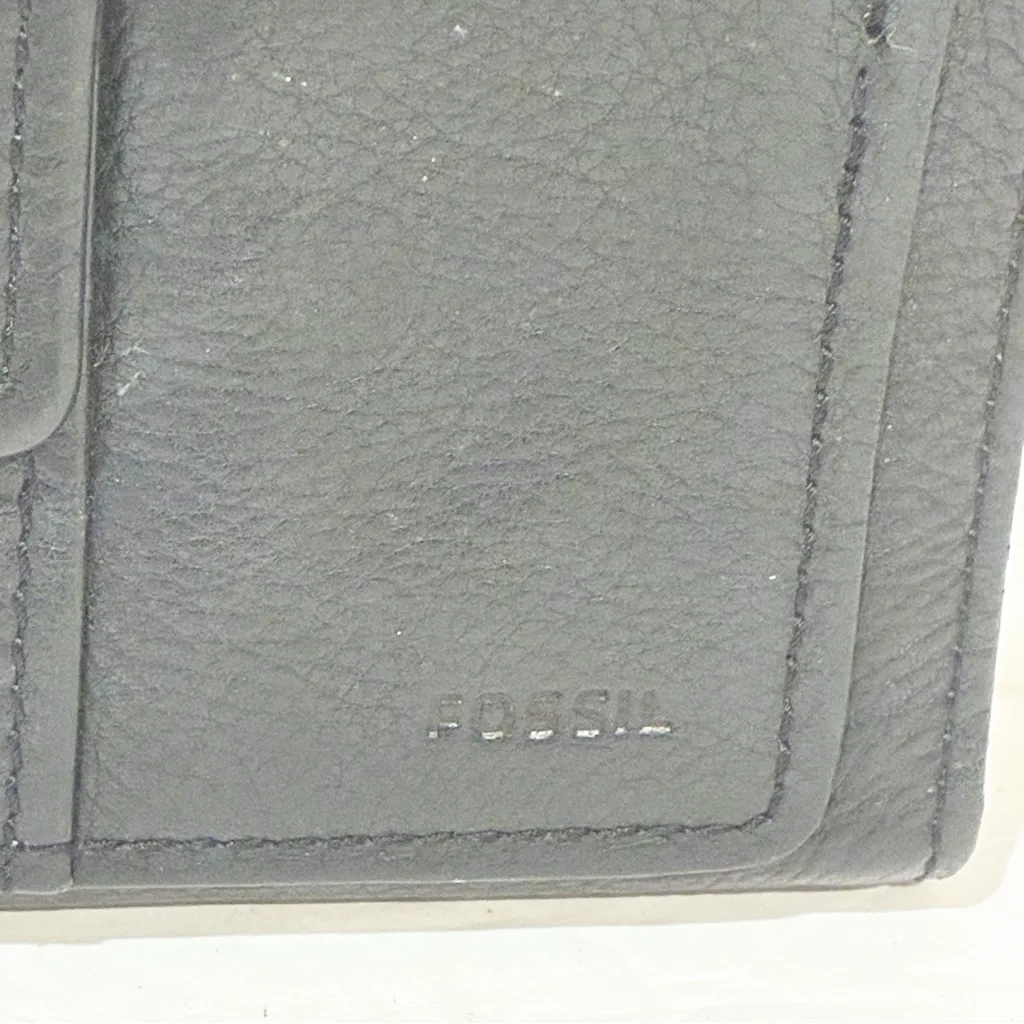 Fossil Black Leather Bi-Fold Checkbook Wallet ID Card Holder Change Purse Silver - Image 2