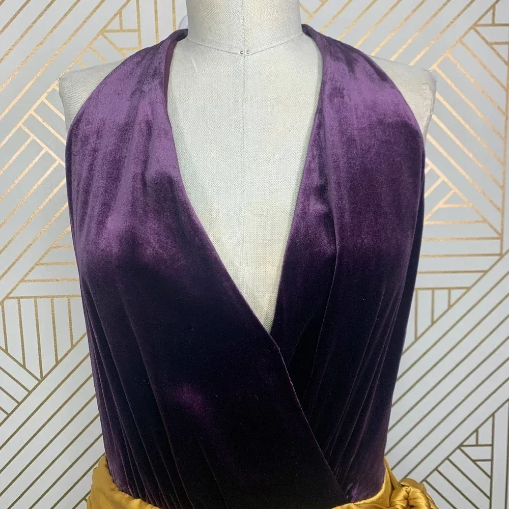 Ramy Brook Nina Jumpsuit Purple Velvet Black Yellow Sash Size‎ US 2 - Image 4