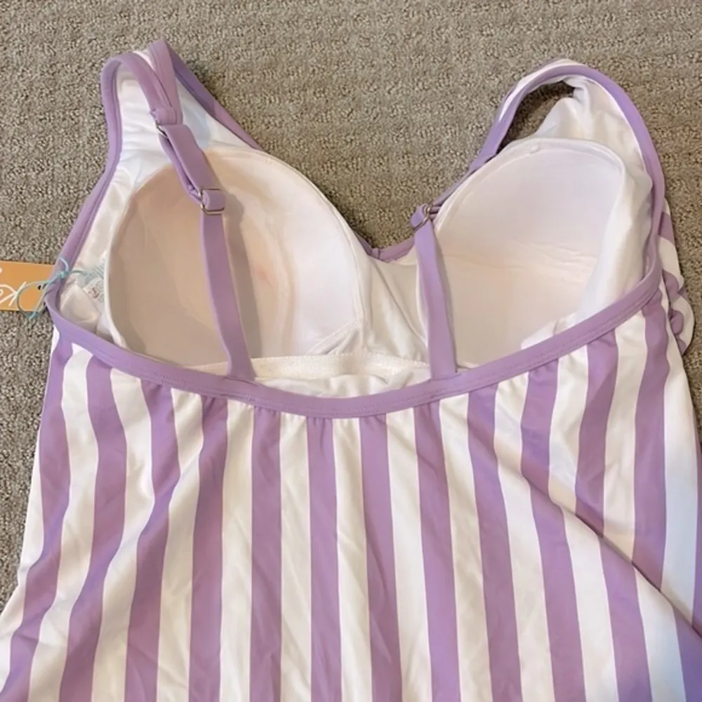 NWT- Kona Sol Lilac & White Stripes V-Neck One Piece Swimsuit - Image 7