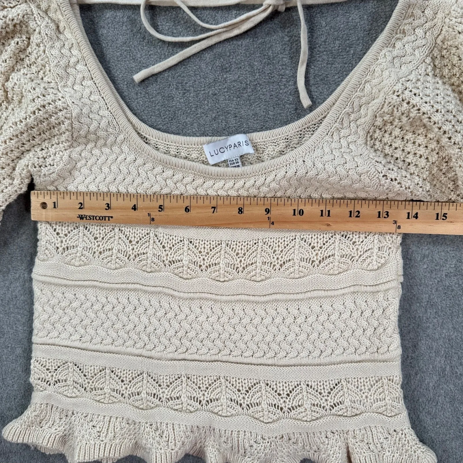 Lucy Paris Knit Puff Sleeve Blouse Women's XS Beige Ruffle Hem Tie Back Boho - Image 7