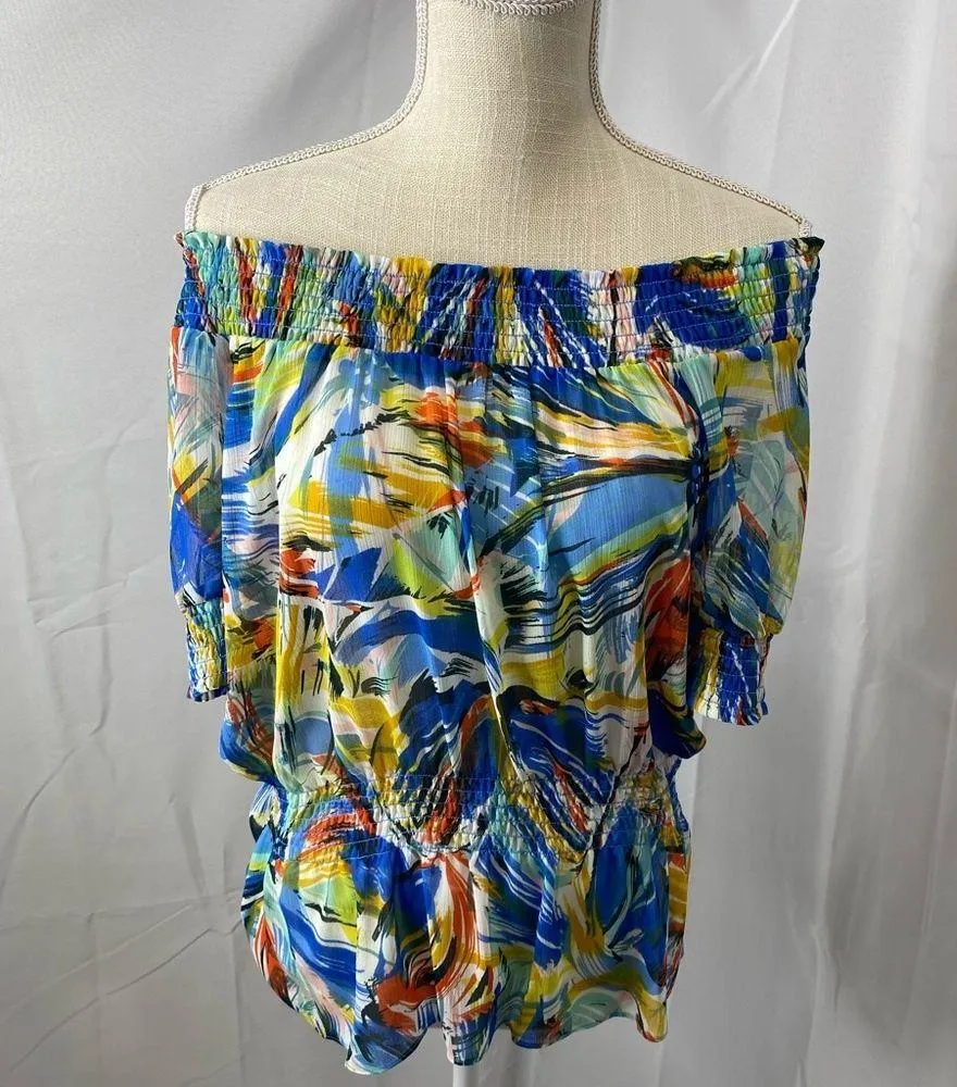 NWT Spense off the shoulder peasant top size large sheer floral Blue - Image 2