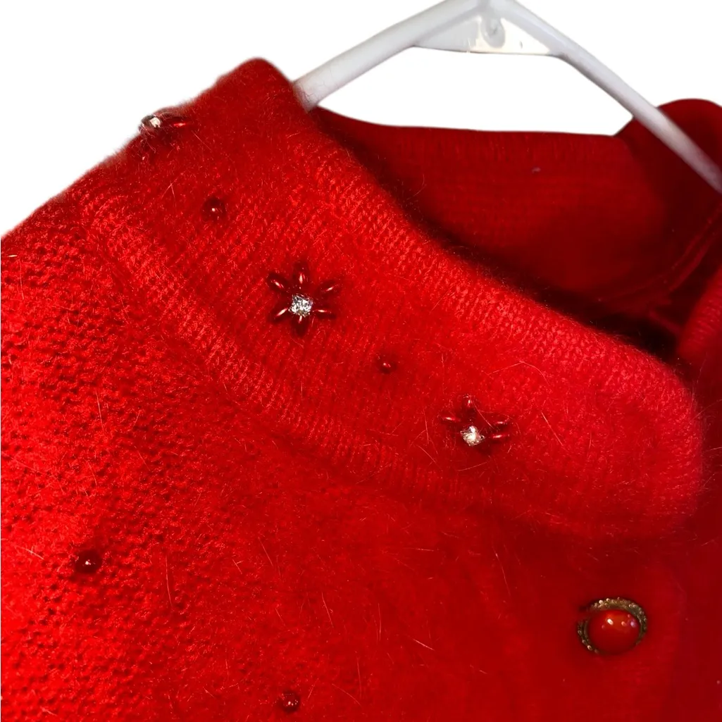 Vintage Belldini Red Angora Rabbit Floral Beaded Sweater rhinestone Cardigan Size M - Image 6