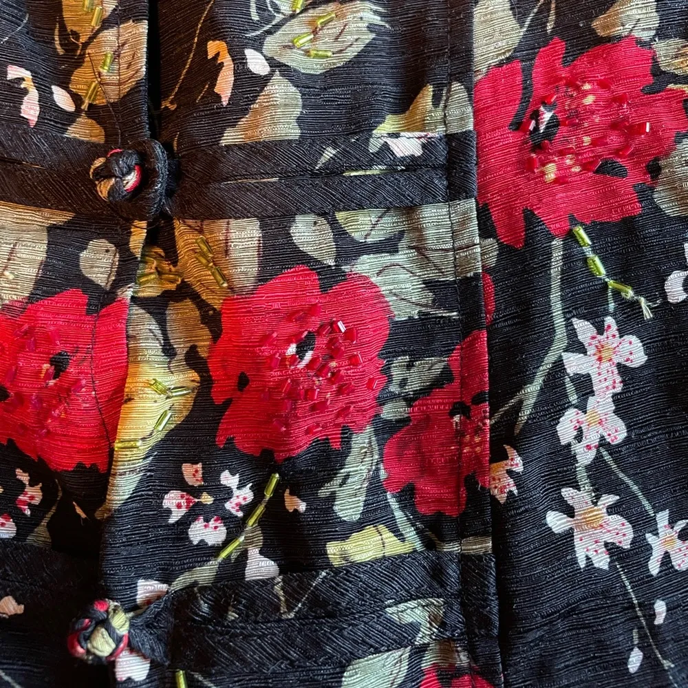 Silkland Women's Shirt Long Sleeve Kimono Top Black Red Beaded Flowers Silk Sz M Size M - Image 3