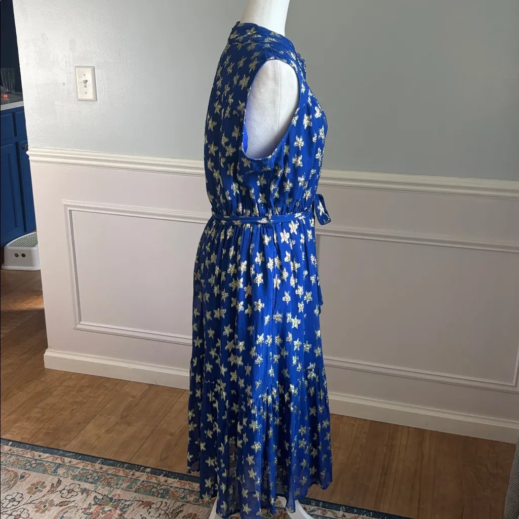 CIEBON Tara Star Metallic Sleeveless Midi Dress Blue Sz Large Formal Ruffles - Image 8