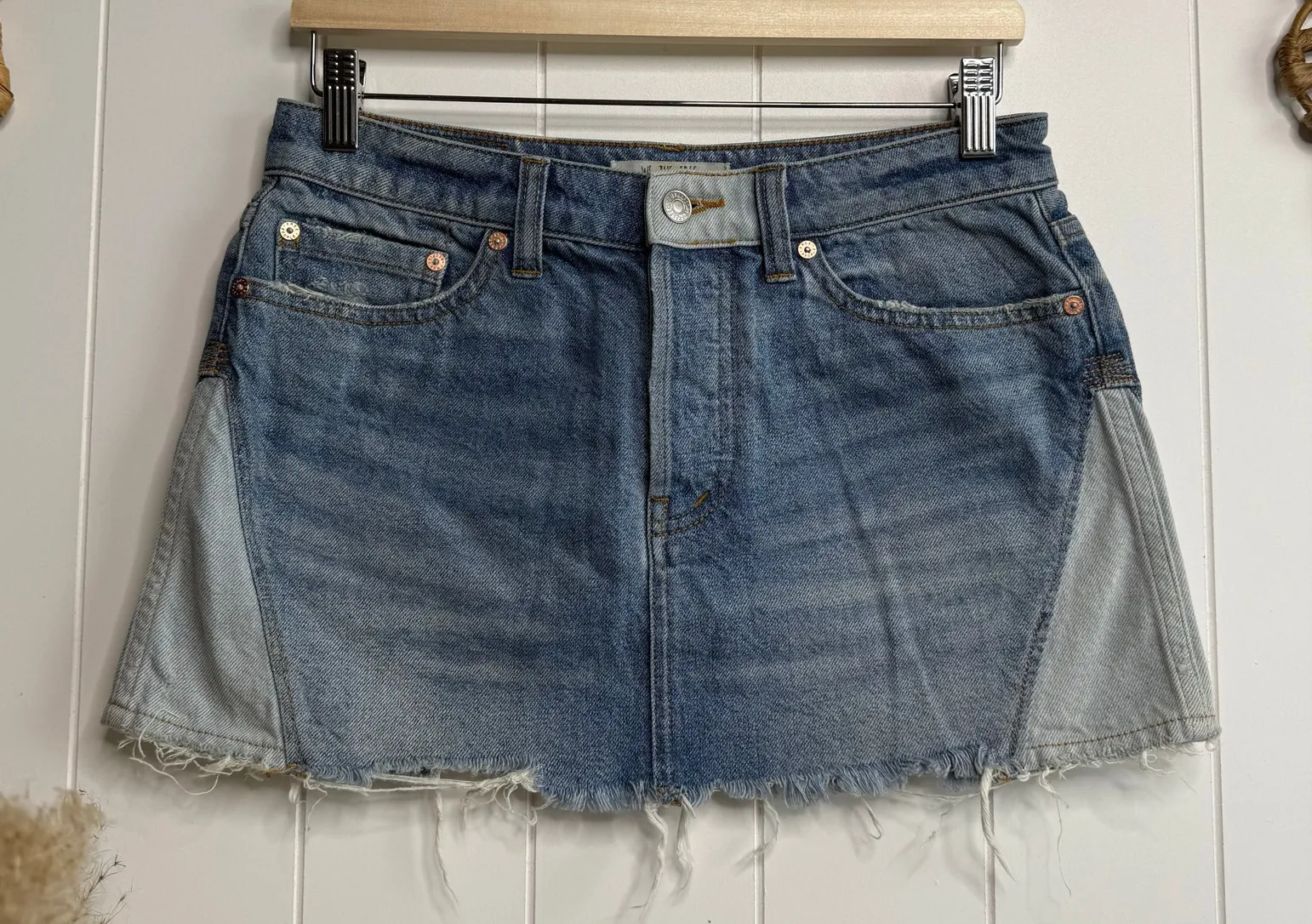 Free People mini skirt denim patched boho summer casual 26 - Image 1