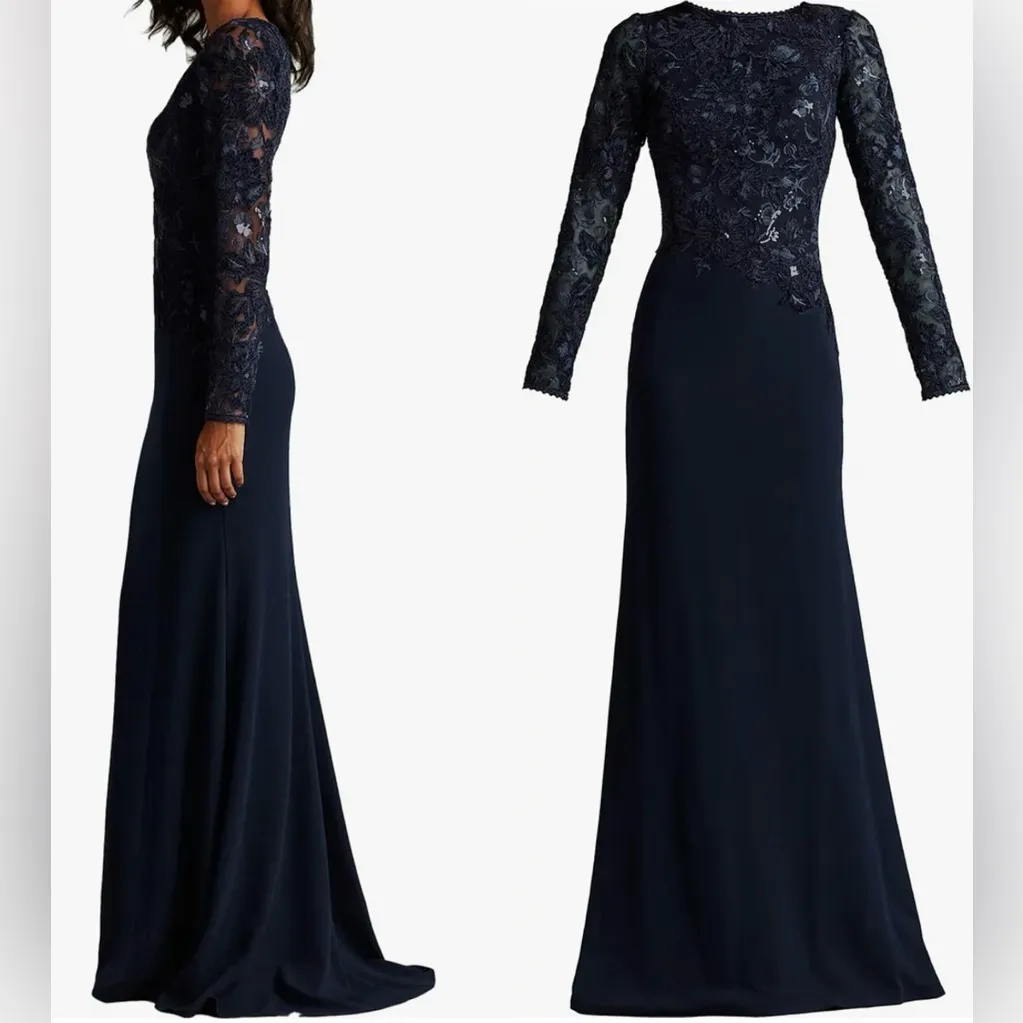 NEW Tadashi Shoji FORENA Embroidered Bodice Long Sleeve Navy Gown Sz 16 - Image 3