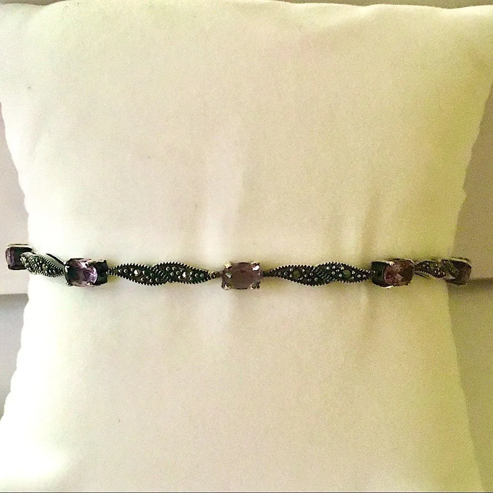 Vintage Sterling Silver Amethyst Marcasite Tennis Bracelet - Image 13