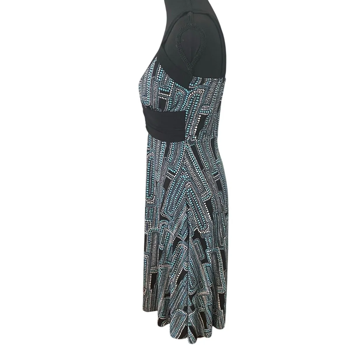 Vintage Rachel Green Y2K Teal Black Abstract Empire Waist Dress Stretchy USA Med - Image 3