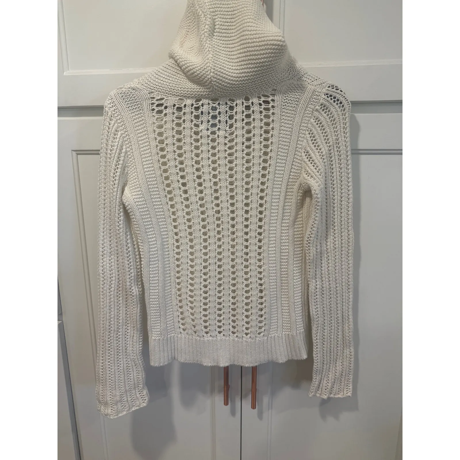 American Eagle Outfitters boho cotton Cream Crochet Hooded Sweater Knit Size S - Image 5