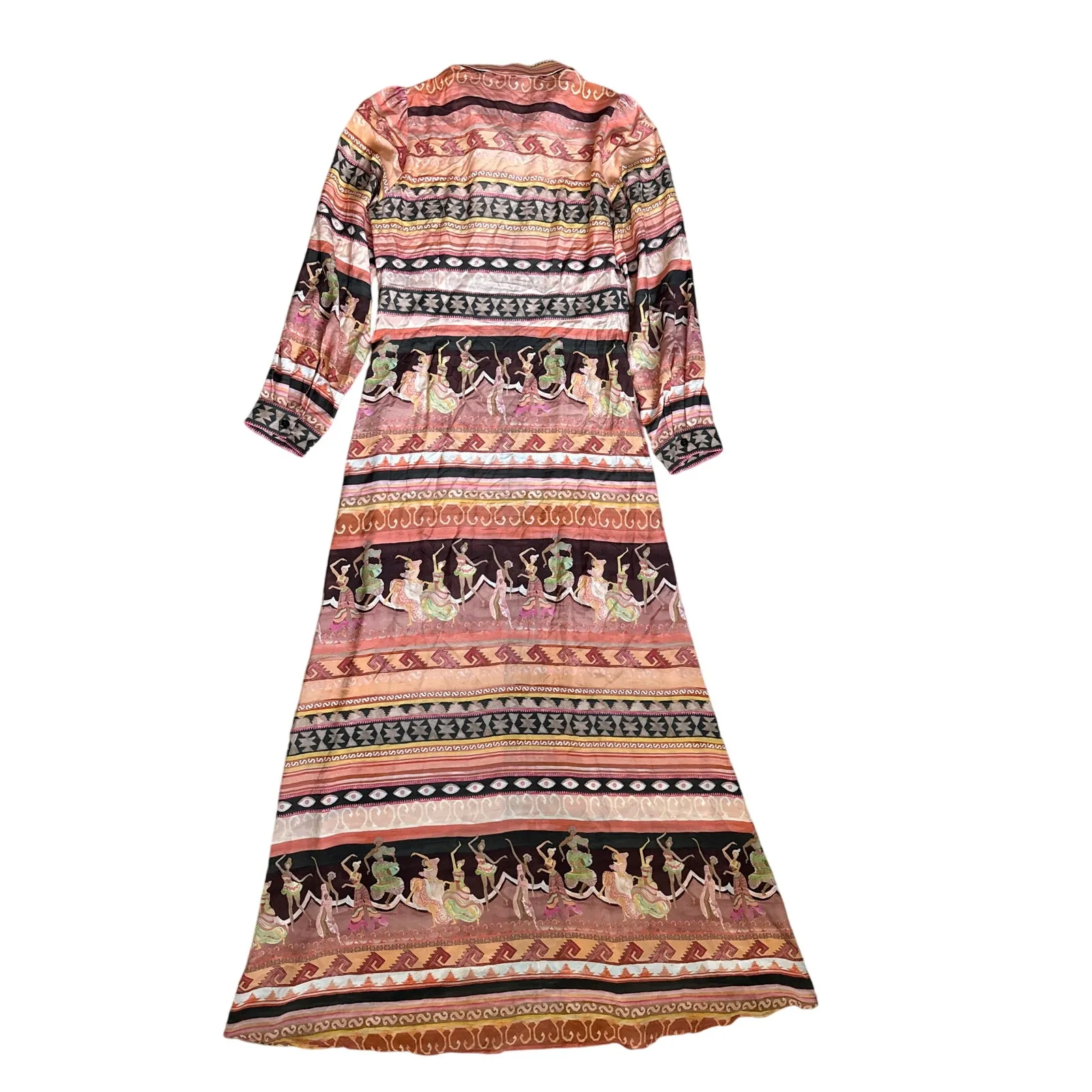 Hayley Menzies Silk Dancing Ladies Print Maxi Shirt Dress Pockets Size Medium Pink - Image 9