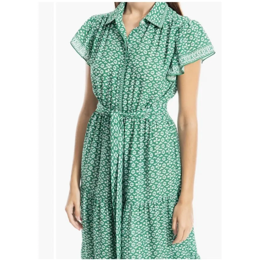 Max Studio London Green Geo Print Tie Waist Shirt Midi Dress Short Sleeve Size L - Image 15