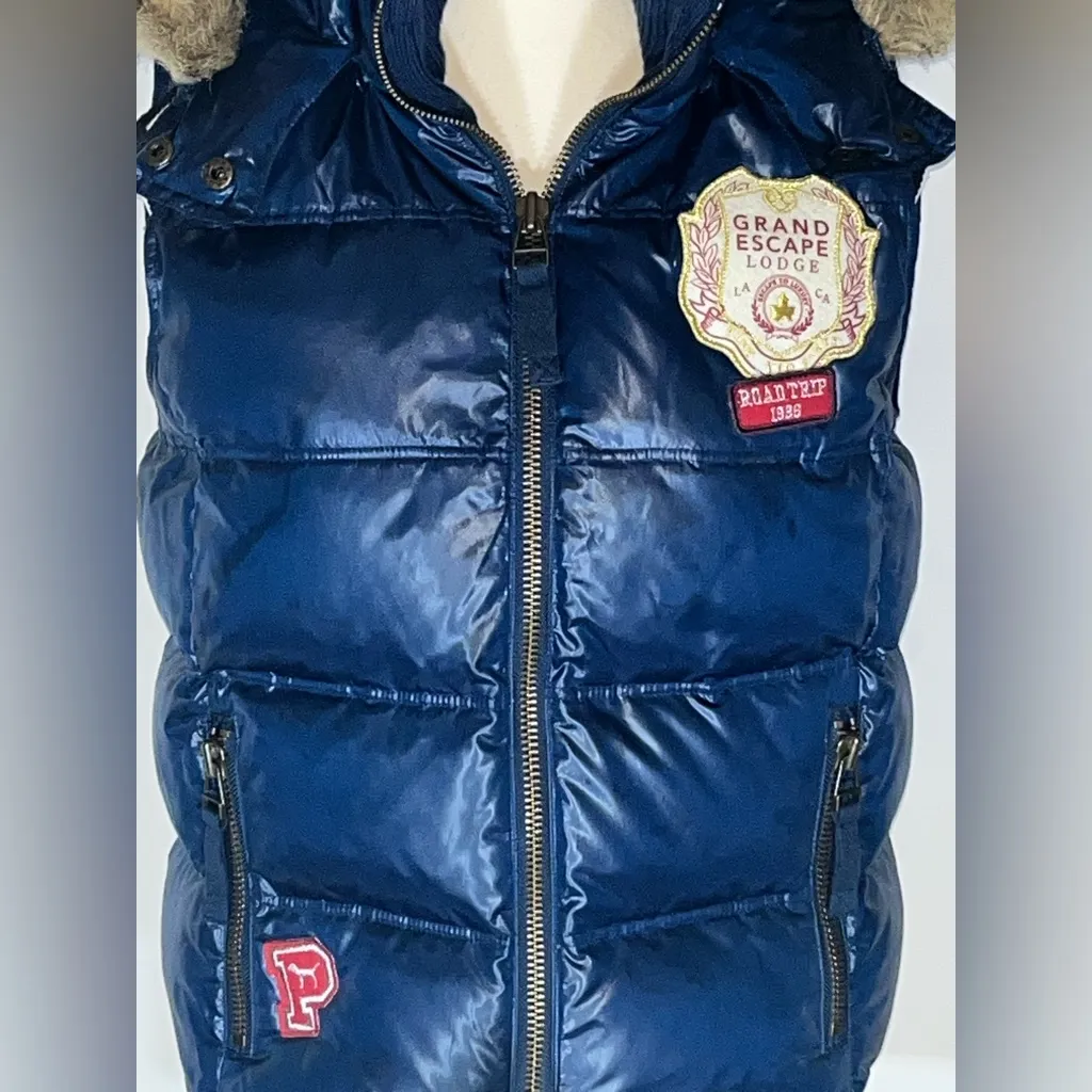 Victoria Secret Grand Escape Lodge Puffer Vest Faux Fur Hood Blue - Image 2