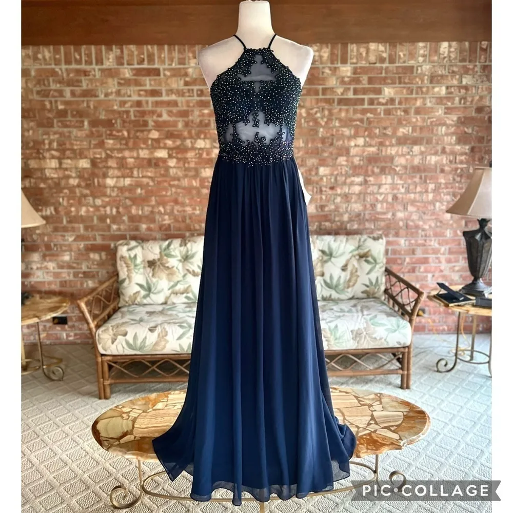 NWT Blondie Nites Dress Rhinestone Illusion Evening Prom 7 Blue Cocktail Party - Image 4