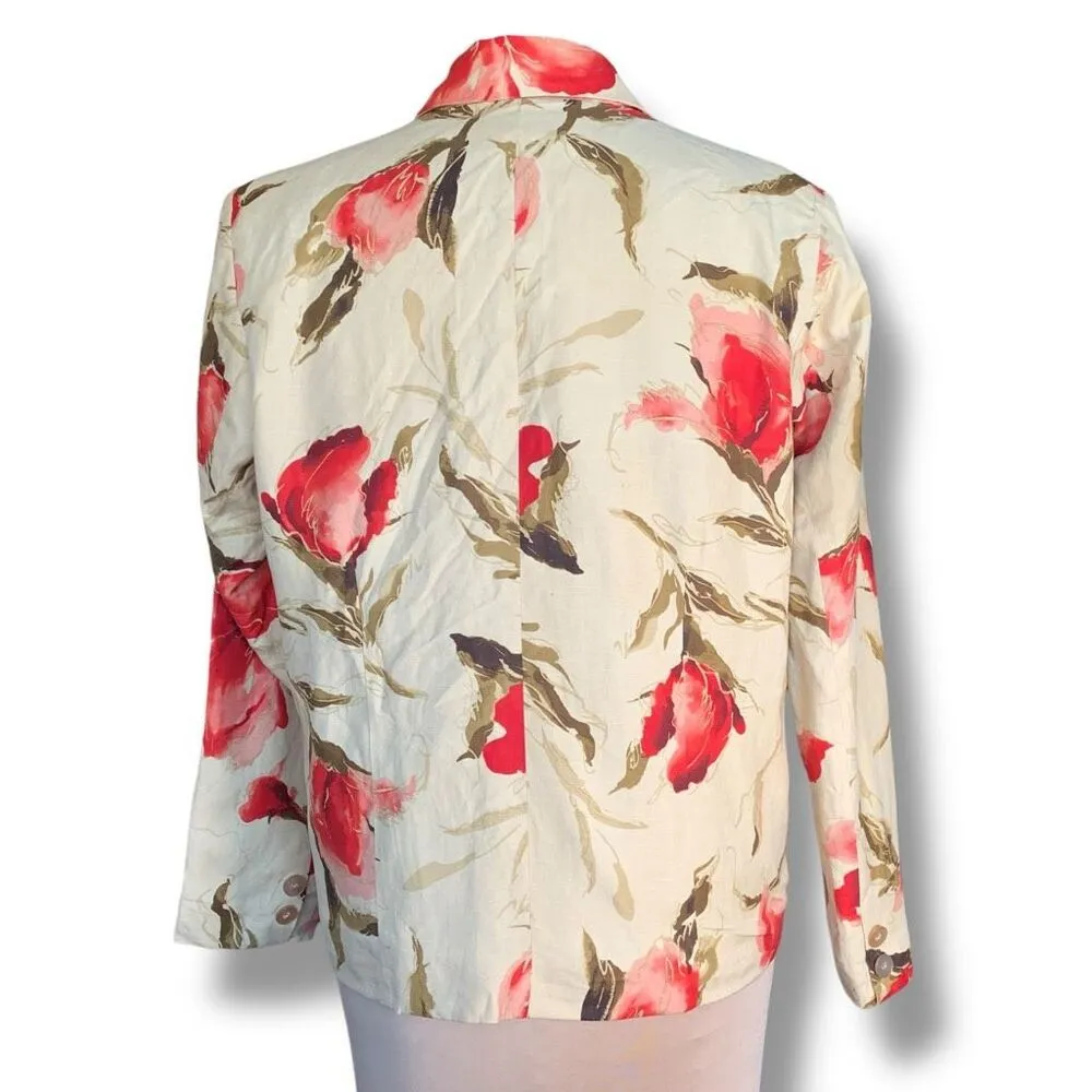 Vintage Coldwater Creek Blazer Jacket Floral Silk Linen Red Beige Button Front Size M - Image 6