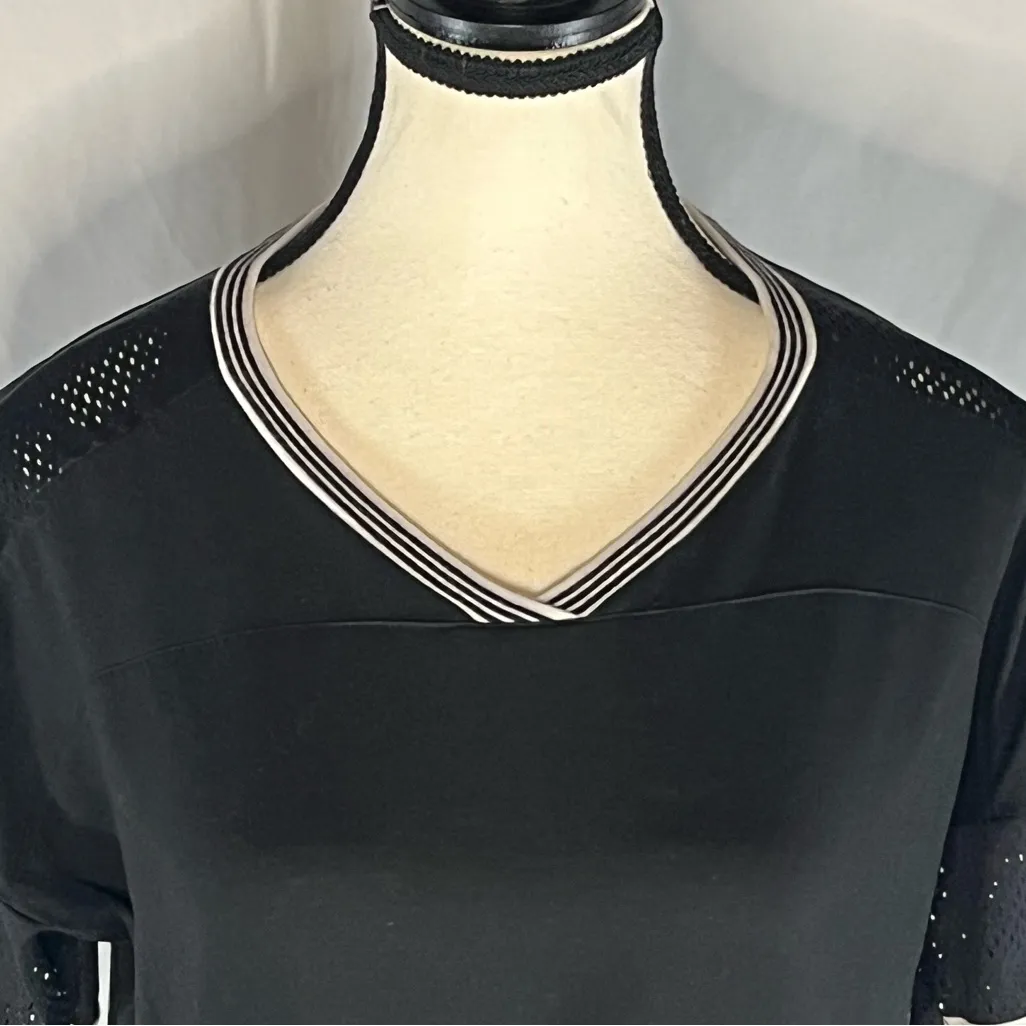 Adidas Performance Mesh Sleeve  V-Neck Women’s Sport Shirt Black w/White Stripes - Image 2