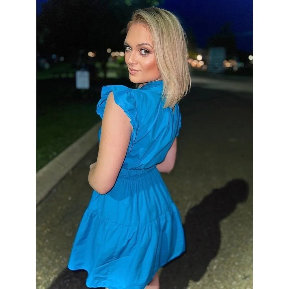 LINE + DOT Blue 100% Cotton A-Line Ruffle Sleeves Mockneck Mini Dress Size XS - Image 13