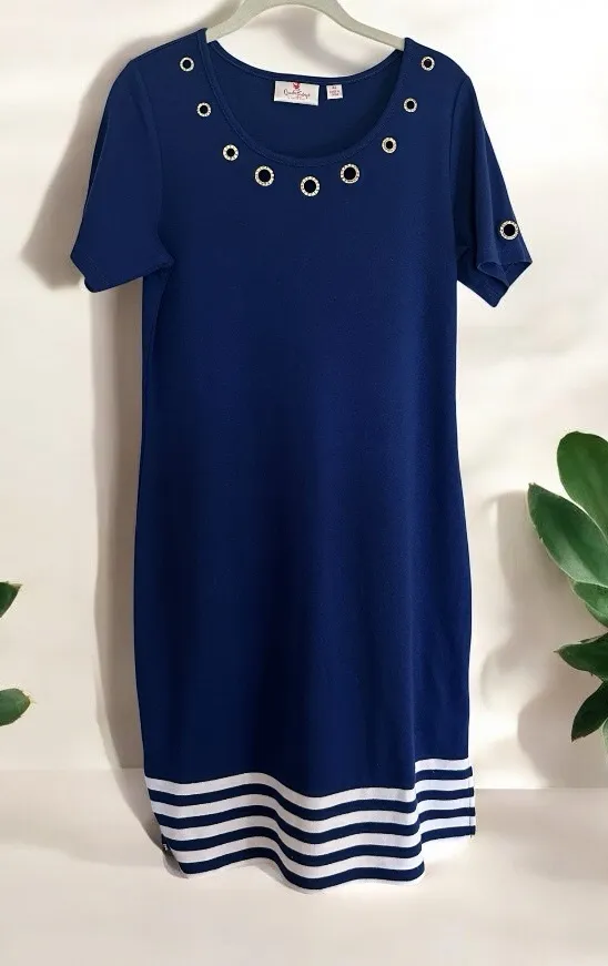 Quacker Factory Blue White Size XS Short Sleeve Striped Hem Knit Dress Grommets - Image 1