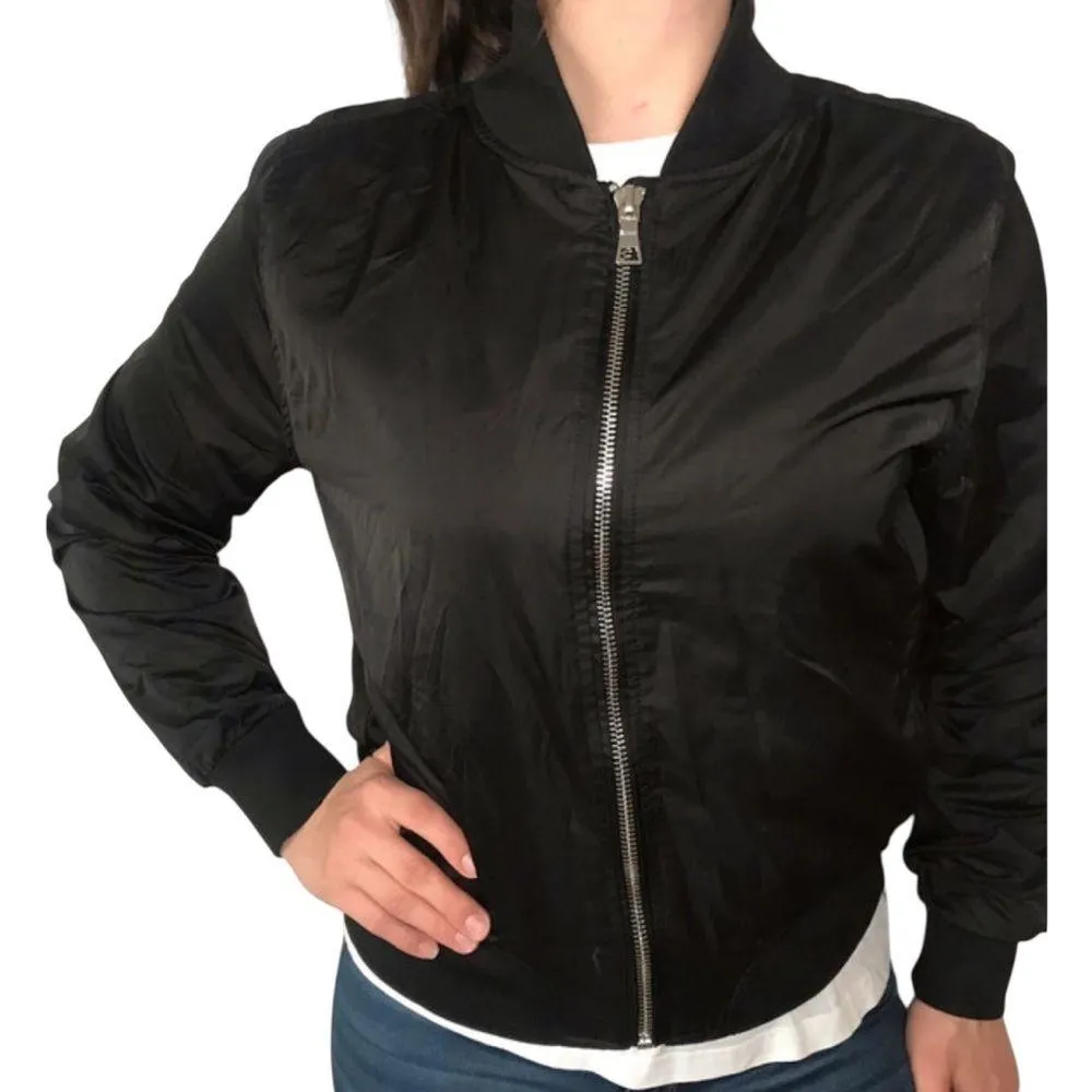 Black Bomber Jacket with Graphic Design Size 14 - Image 3