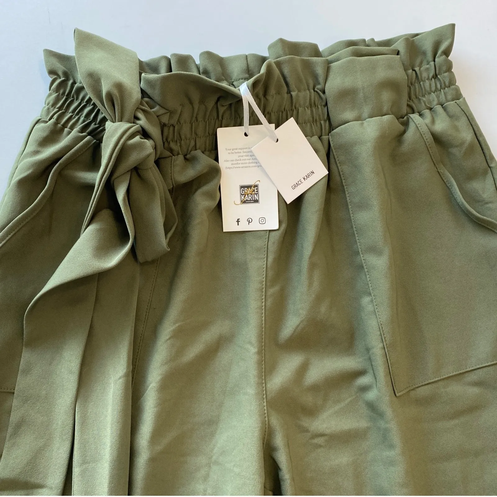 Grace Karin Paperbag Waist Pants Olive Green Tie Belt Cropped Ankle Leg L NWT - Image 3