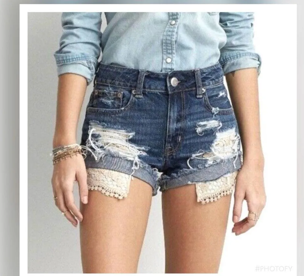 American Eagle Hi Rise Distressed Denim Festival Lace Shorts  2 - Image 4