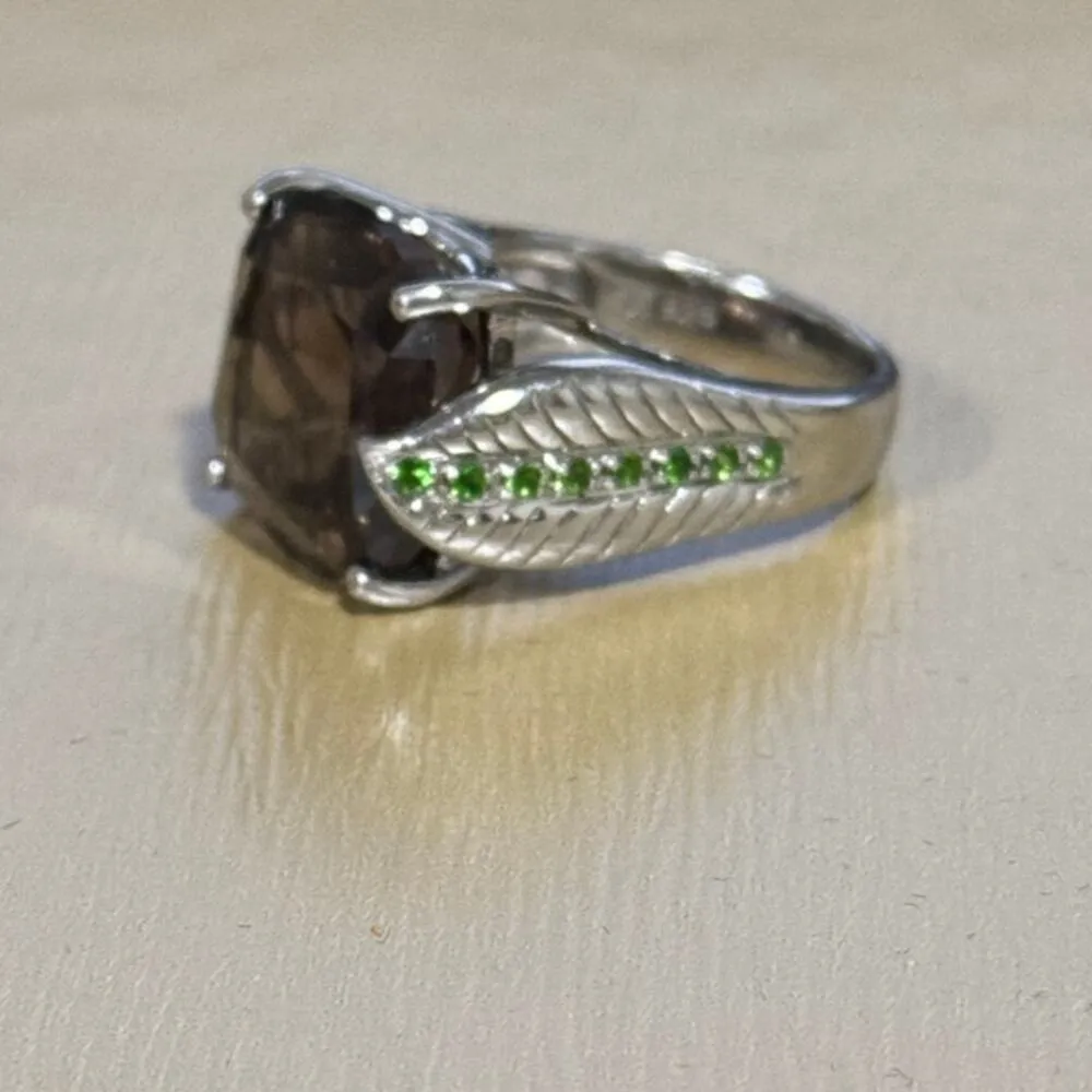 Sterling Silver 925 large smokey gem green smaller gems botanical Ring Sz 7.5 - Image 11