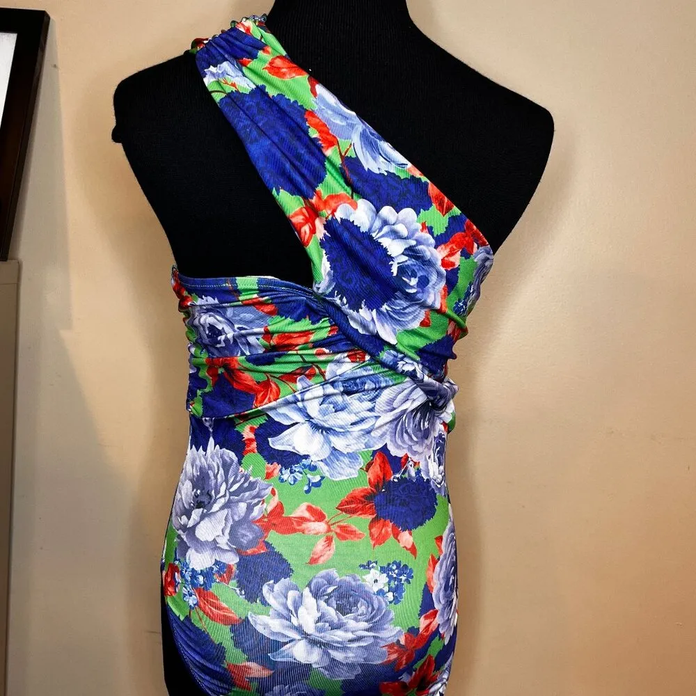 Zara One Shoulder Blue Green Tropical Floral Bodysuit SZ M Vacation Beach GNO - Image 7
