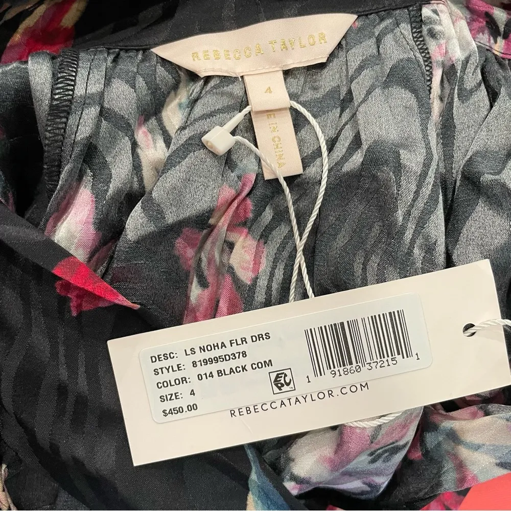 Rebecca Taylor Women’s Noha Floral Silk Dress Black Combo Sz 4 - Image 8