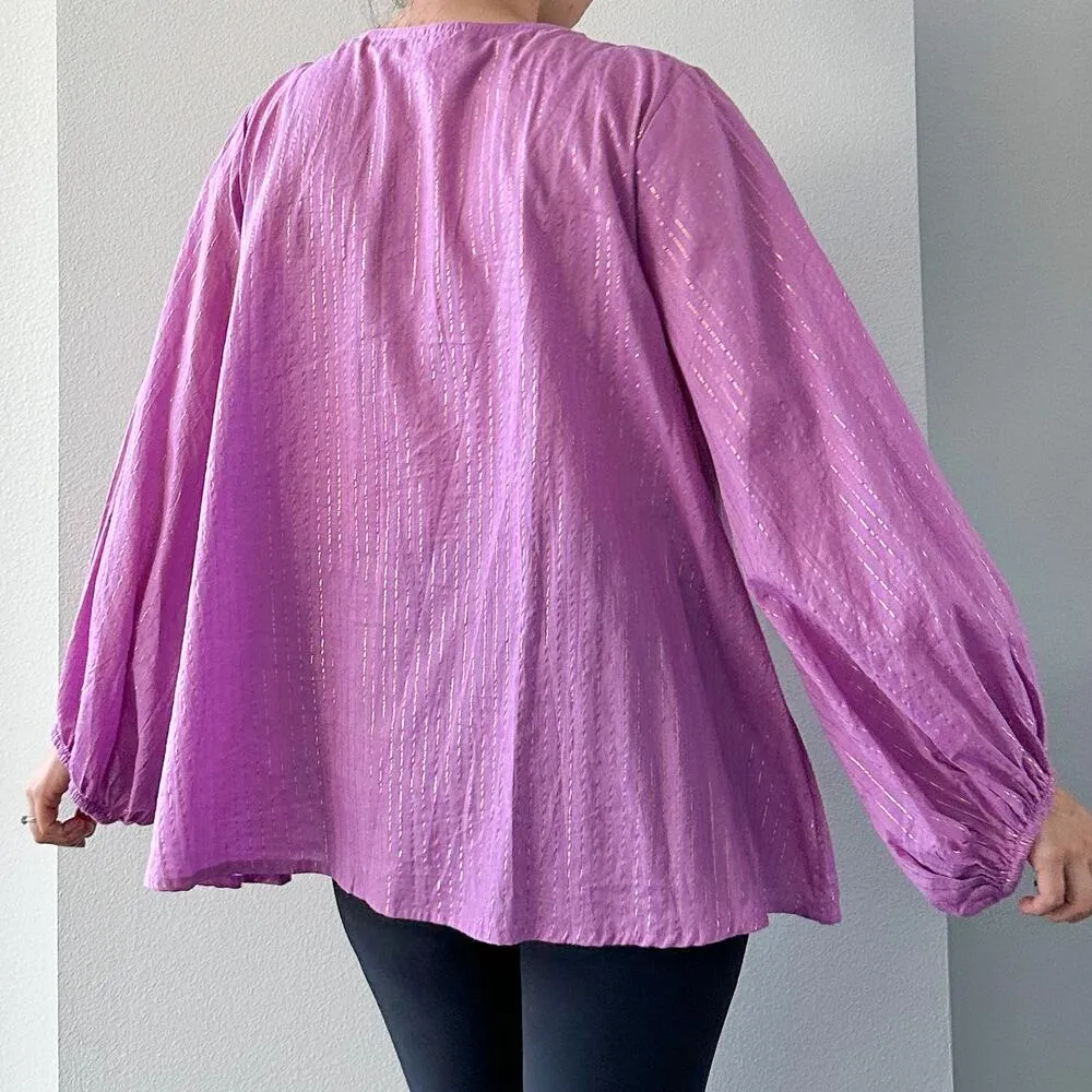 Emerson Fry India Collection Bardot Cotton Peasant Top in Pink Lurex Size Small Purple - Image 7