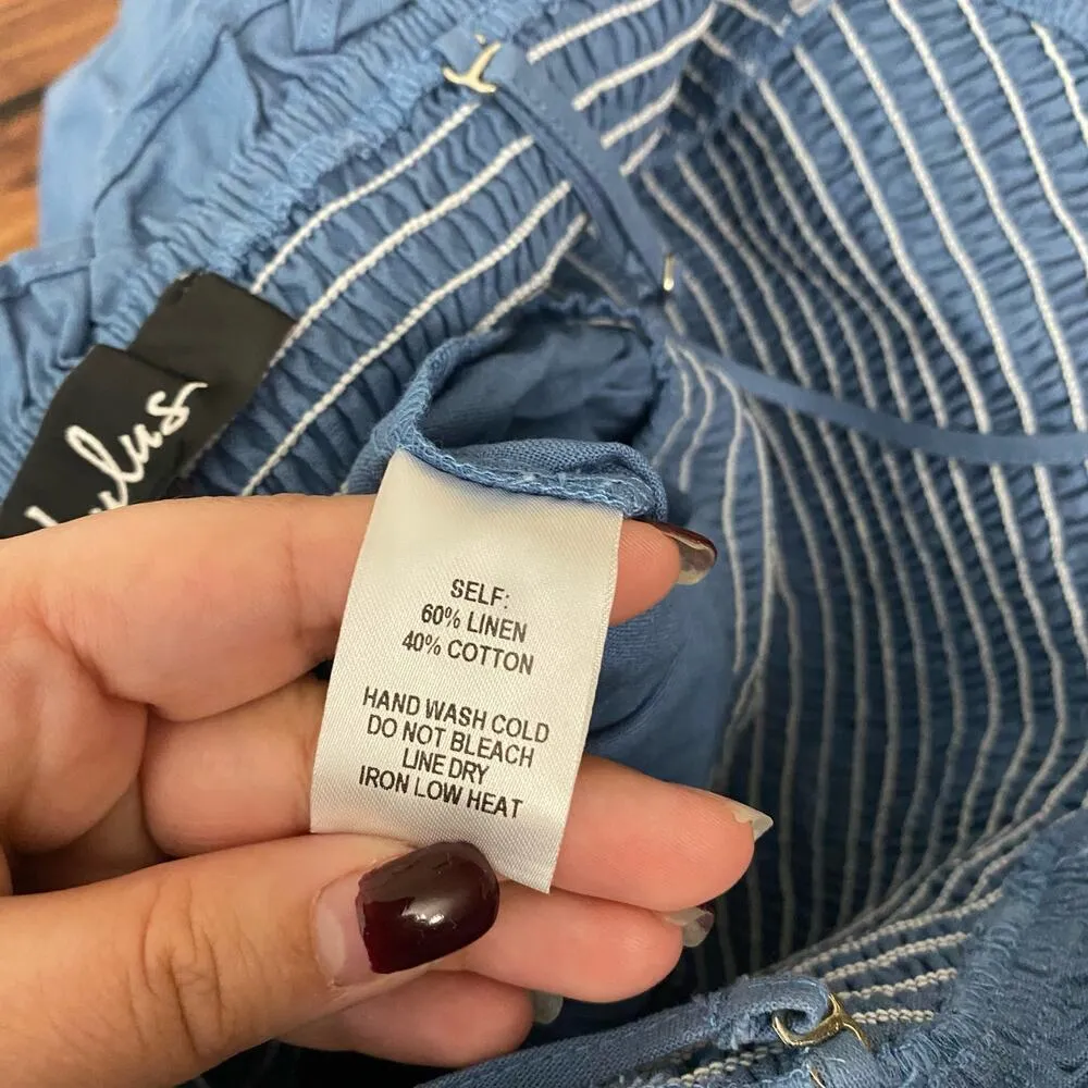 Lulu's Take A Wonder Denim Blue Smocked Linen Blend Wide-Leg Jumpsuit Size XS - Image 8