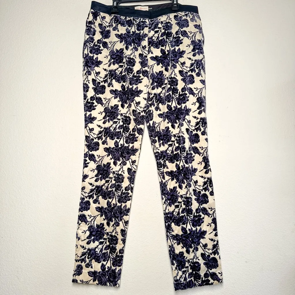 Tory Burch Dayton Floral Velvet Pants Size 8 Ivory Purple Flocked - Image 4