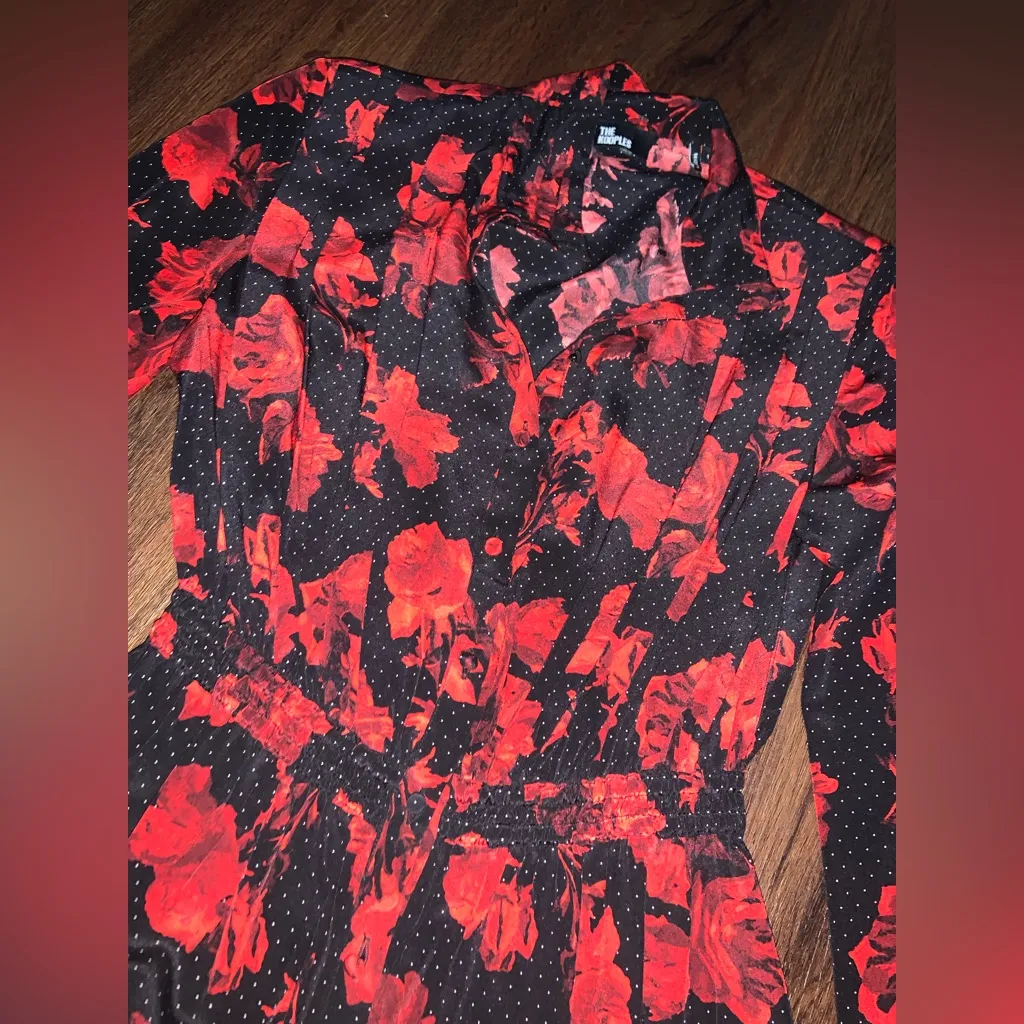 THE KOOPLES SILK SHIRT DRESS silk nwot dots & roses red designer formal $600 - Image 12