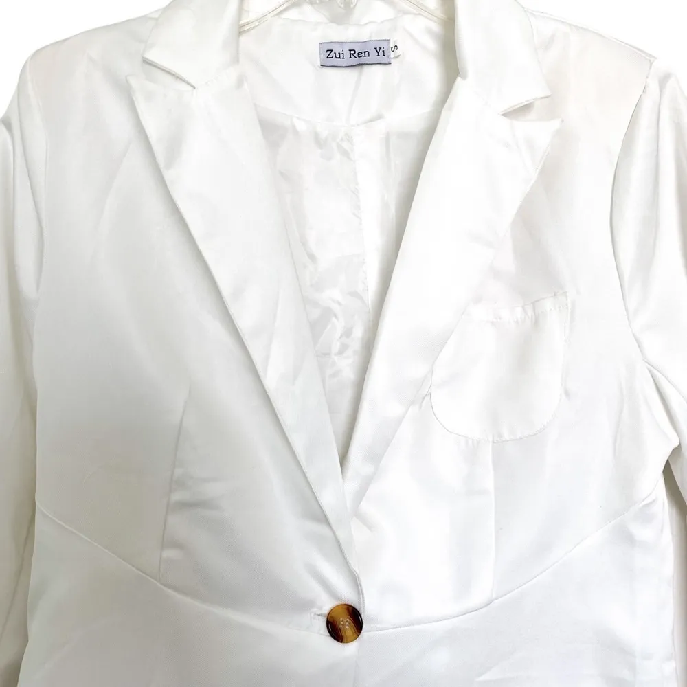 Zu Ren Yi White Polyester Single Button Blazer Suit Jacket Size Small - Image 3