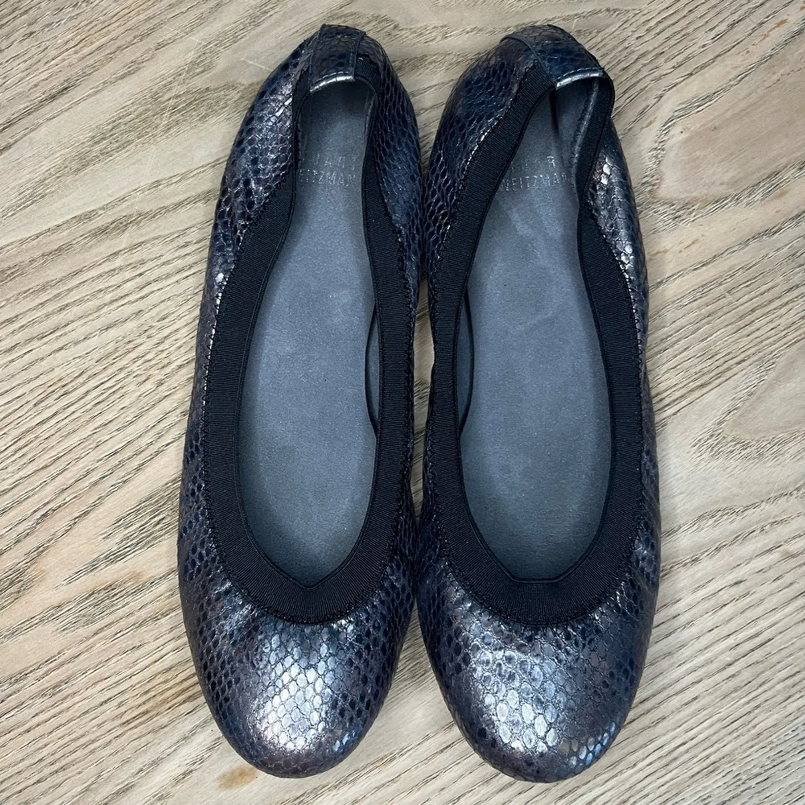 Stuart Weitzman Embossed Leather Snakeskin Ballet Flats Metallic Silver Size 8.5 - Image 6