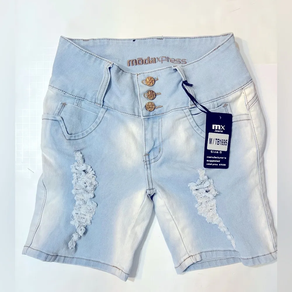 Moda Express MX JEANS Levanta Cola Torn Light Wash Mid Thigh Shorts Size 5 Blue - Image 5