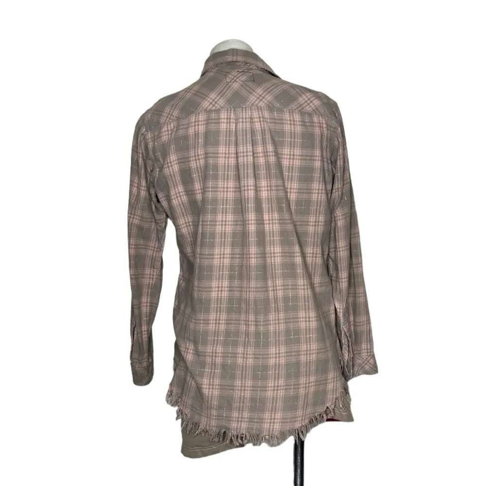 CURRENT ELLIOTT Plaid Shirt The Prep School Fray Pink Taupe Tinsel Size 2 - Image 3