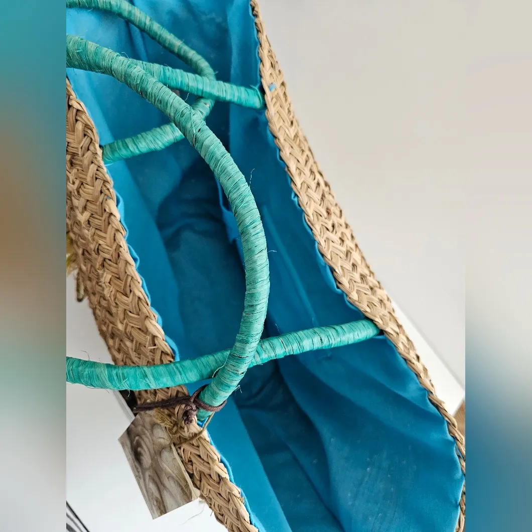 Sun n Sand Large Seagrass Bucket Tote Bag Wooden Round Sand Dollar Charm Blue - Image 8