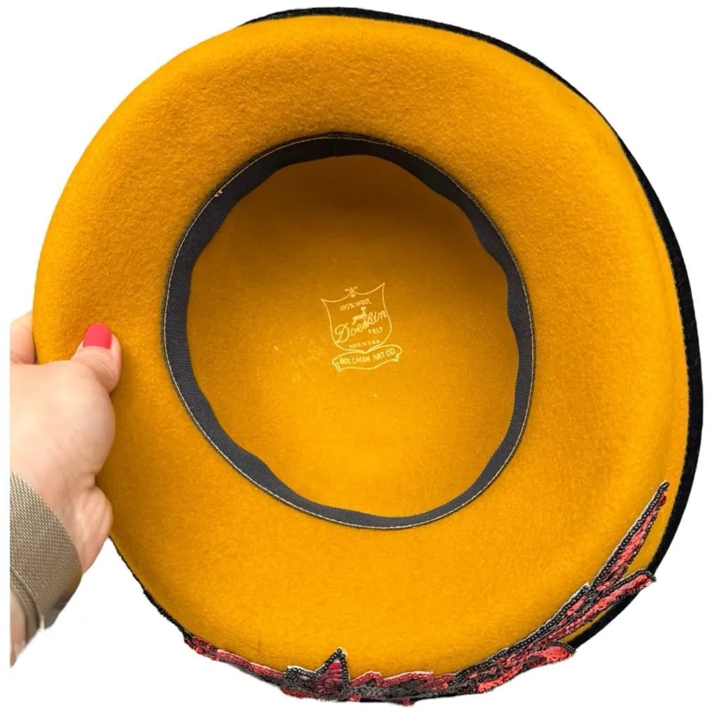 Vintage Bollman Hat Co. Doeskin Mustard Yellow Wool Felt Hat Medium Sequins - Image 5