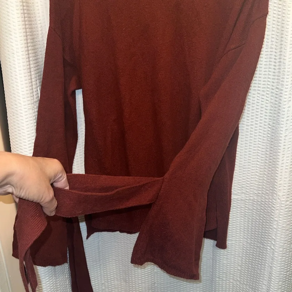 Rust Brown, Midweight Loose Fit Sweater Bell sleeved Bow Tie Ends - Image 9