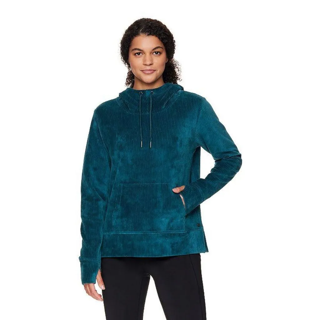 Gaiam Yoga Elena Cowl Neck Hoodie Soft Corduroy Deep Teal Large - Image 4