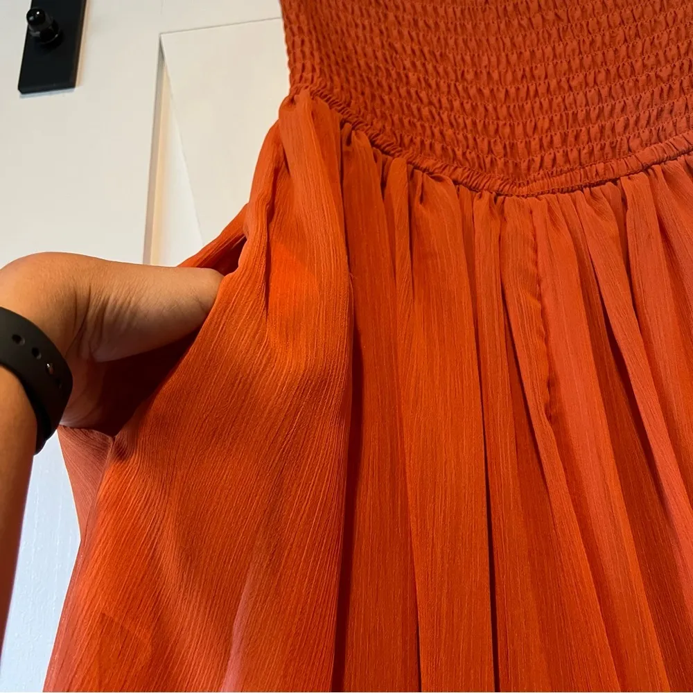 Womens Boho Wide Leg Loose burnt orange strapless Jumpsuit Side Pockets Small - Image 4