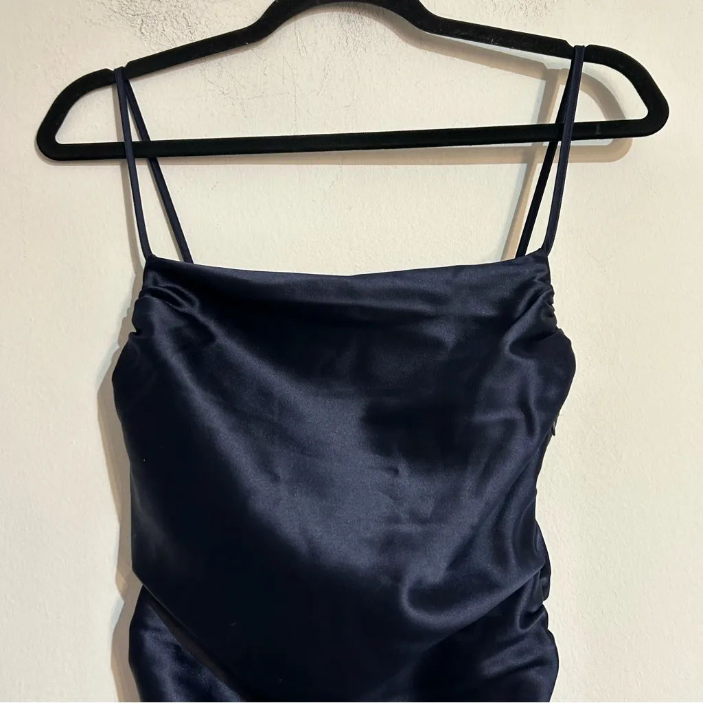 BHLDN Anthropologie Emery Square Neck Stretch Satin Midi Dress Navy Size XS - Image 4